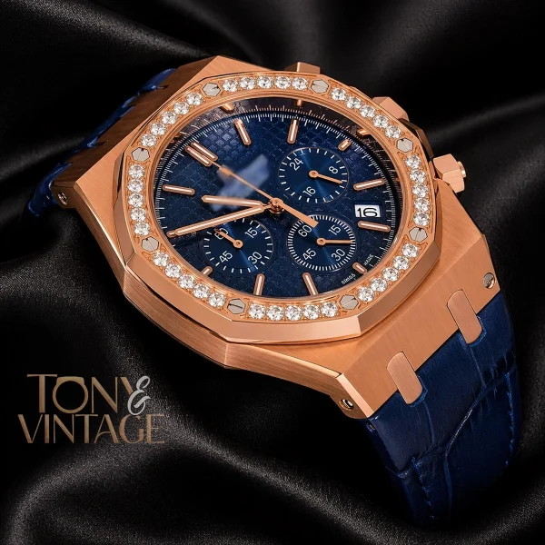 Chronograph Rose Gold Stoned Bezel Blue Dial Leather Strap 2 copy