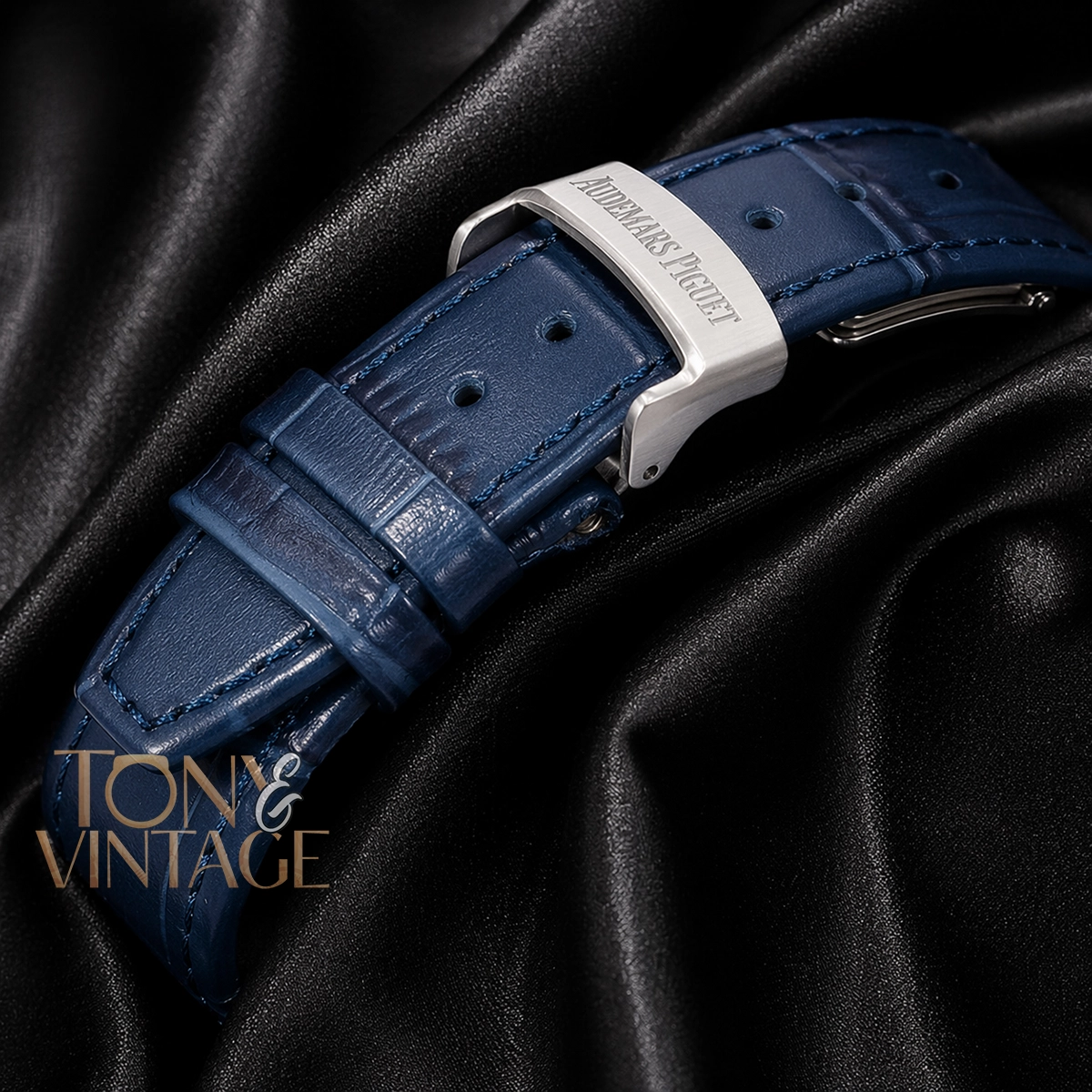 Chronograph Rose Gold Stoned Bezel Blue Dial Leather Strap