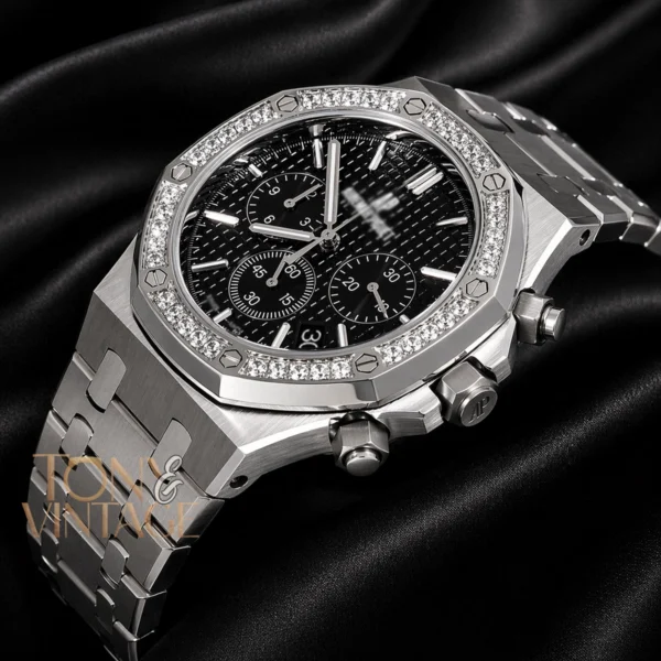 Chronograph Silver Black Dial Stone Bezel