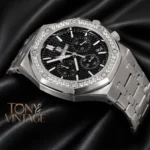 Chronograph Silver Black Dial Stone Bezel