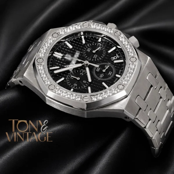 Chronograph Silver Black Dial Stone Bezel 2 copy