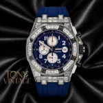 Chronograph Silver Stone Bezel Blue Dial Rubber Strap