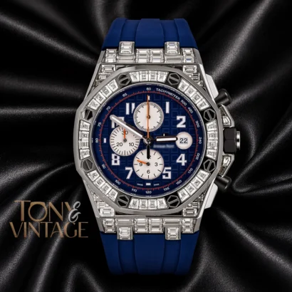 Chronograph Silver Stone Bezel Blue Dial Rubber Strap