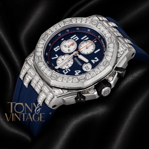 Chronograph Silver Stone Bezel Blue Dial Rubber Strap
