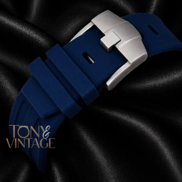 Chronograph Silver Stone Bezel Blue Dial Rubber Strap