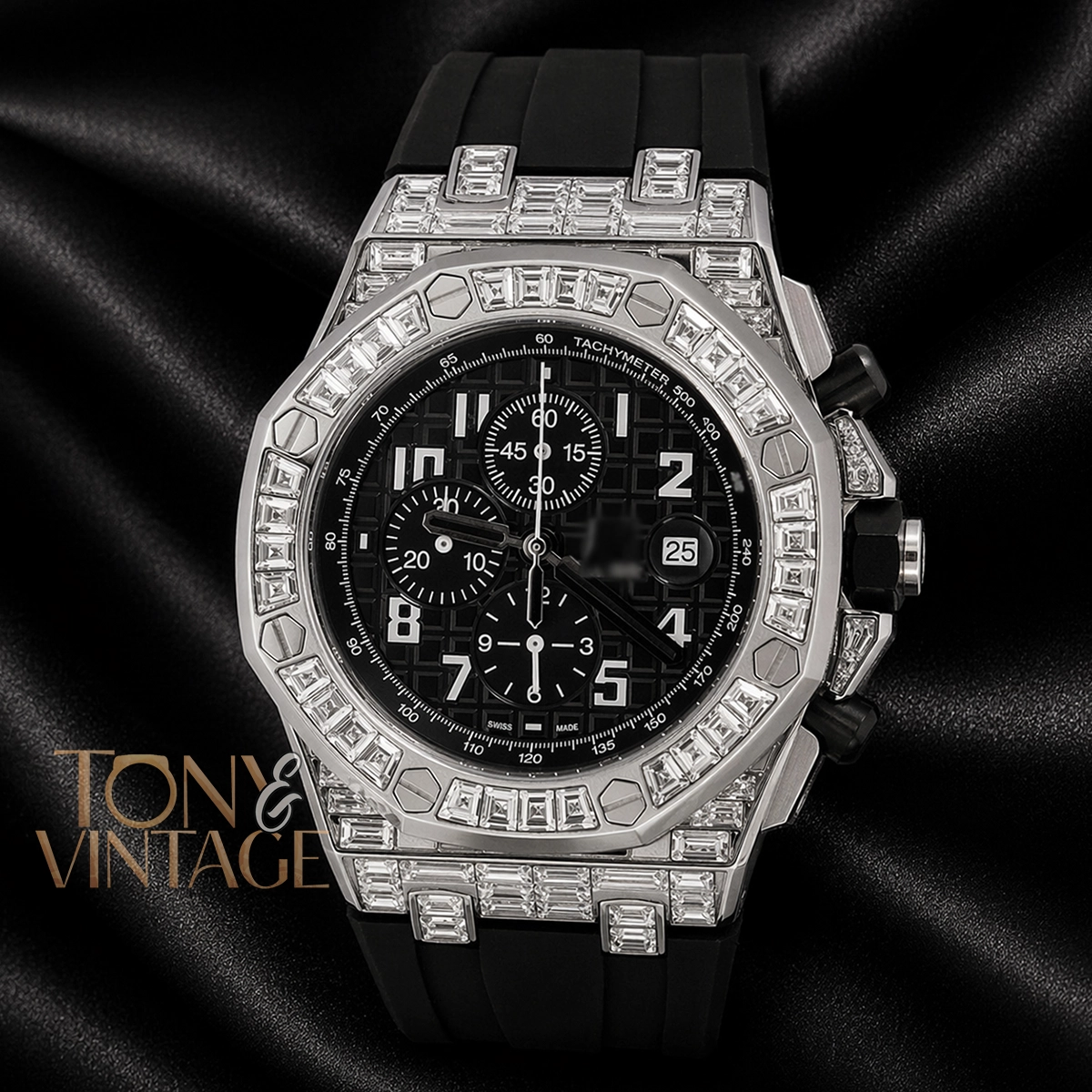 Chronograph Silver Stoned Bezel Black Dial Rubber Strap 1 copy