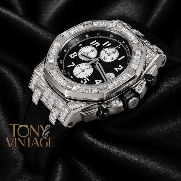 Chronograph Silver Stoned Bezel Black Dial Rubber Strap