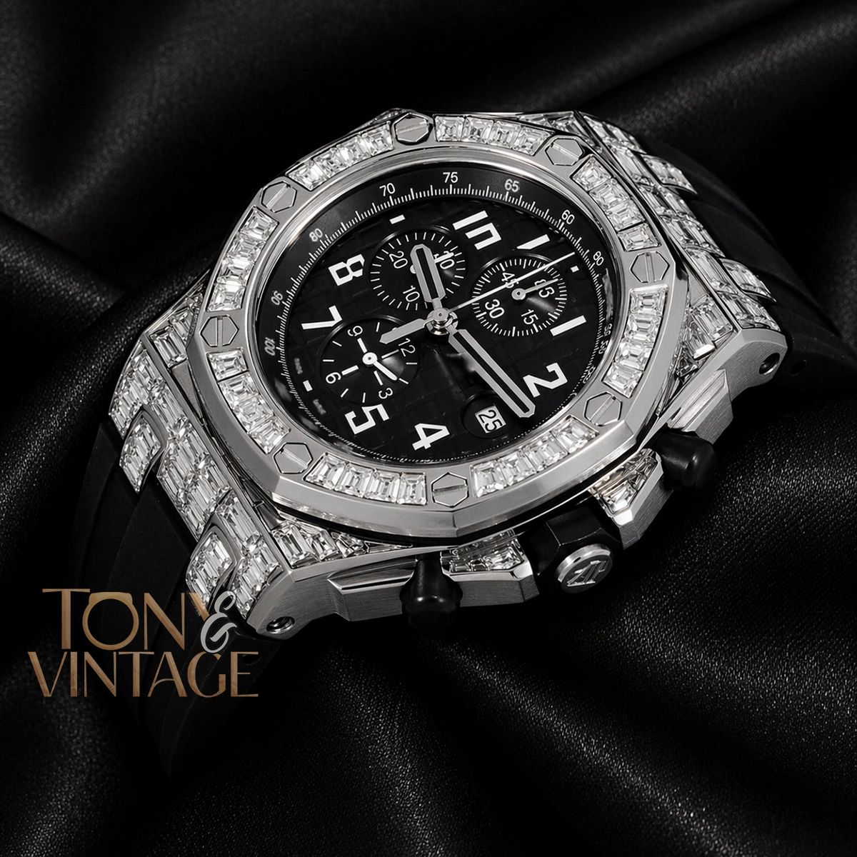 Chronograph Silver Stoned Bezel Black Dial Rubber Strap