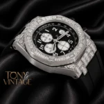 Chronograph Silver Stoned Bezel Black Dial Rubber Strap