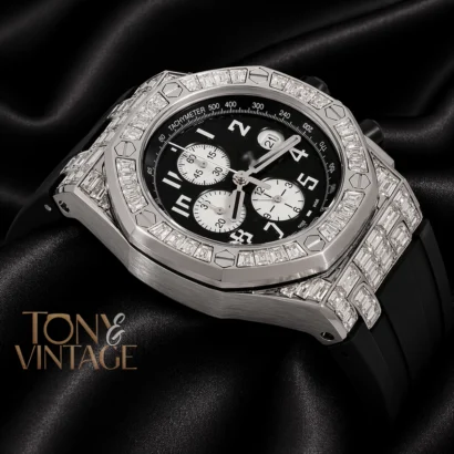 Chronograph Silver Stoned Bezel Black Dial Rubber Strap
