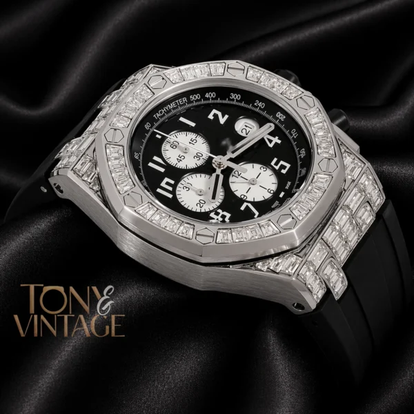 Chronograph Silver Stoned Bezel Black Dial Rubber Strap 2.2 copy