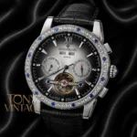 Chronograph Silver Watch with Gray Dial and Leather Strap