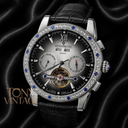 Chronograph Silver Watch with Gray Dial and Leather Strap