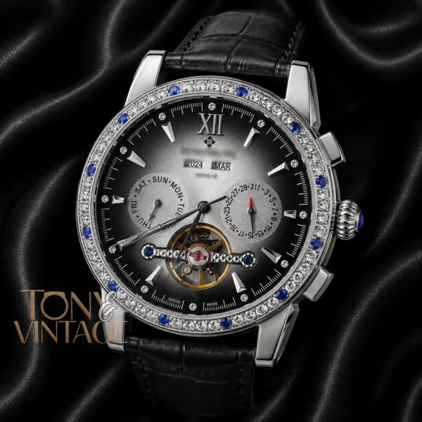Chronograph Silver Watch with Gray Dial and Leather Strap 1 copy