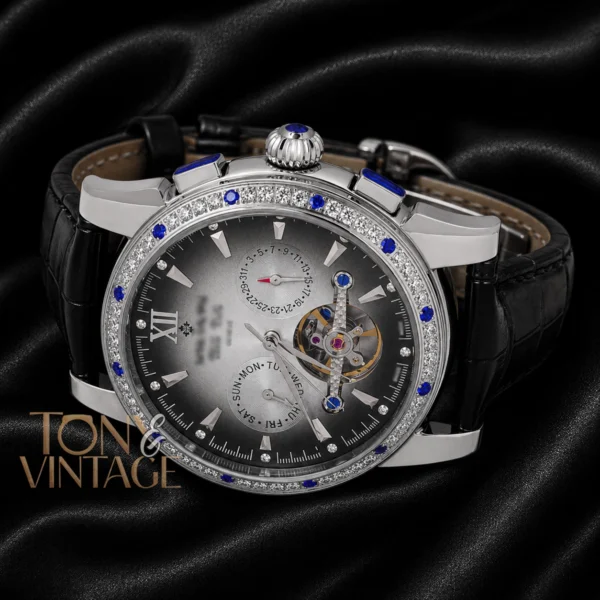 Chronograph Silver Watch with Gray Dial and Leather Strap