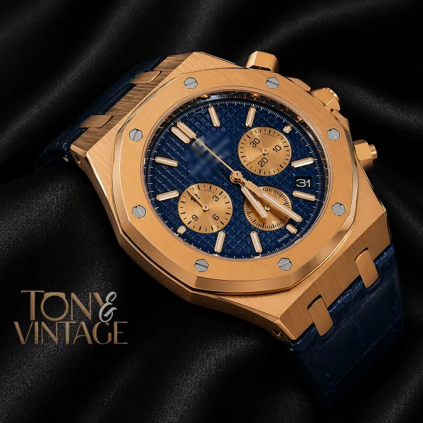 Chronograph Yellow Gold Blue Dial Leather Strap 2 copy