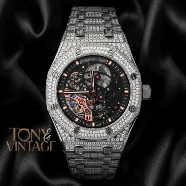 Full Stone Silver Black Skeleton Dial Automatic Watch 1 copy
