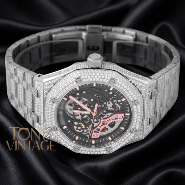 Full Stone Silver Black Skeleton Dial Automatic Watch
