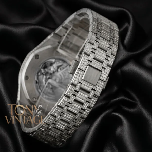 Full Stone Silver Black Skeleton Dial Automatic Watch