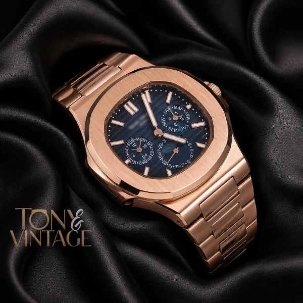 Moon Phase Chronograph Rose Gold Automatic Watch with Blue Dial 2 copy