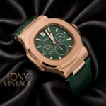 Moon Phase Chronograph Rose Gold Watch with Green Dial and Strap