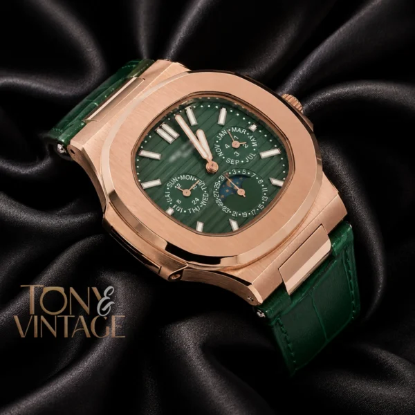 Moon Phase Chronograph Rose Gold Watch with Green Dial and Strap 2 copy