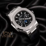 Moon Phase Chronograph Silver Watch with Black Dial and Strap