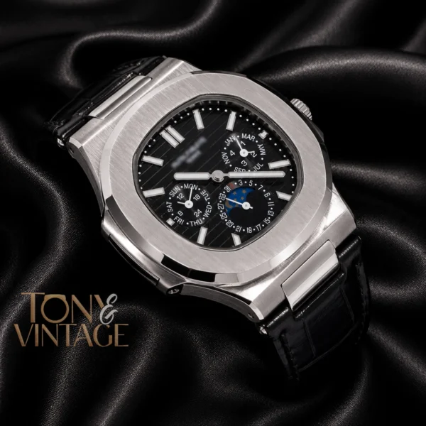 Moon Phase Chronograph Silver Watch with Black Dial and Strap 2 copy