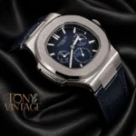 Moon Phase Chronograph Silver Watch with Blue Dial and Strap