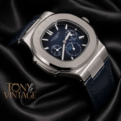 Moon Phase Chronograph Silver Watch with Blue Dial and Strap