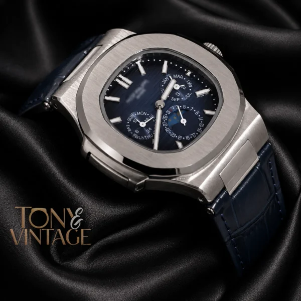 Moon Phase Chronograph Silver Watch with Blue Dial and Strap 2. copy
