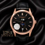 Moon Phase Rose Gold Watch with Black Dial and Leather Strap