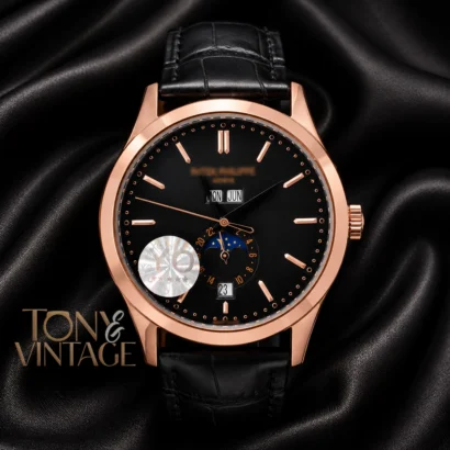Moon Phase Rose Gold Watch with Black Dial and Leather Strap