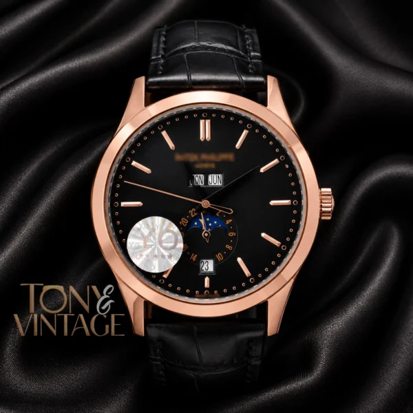Moon Phase Rose Gold Watch with Black Dial and Leather Strap 1 copy