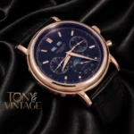 Moon Phase Rose Gold Watch with Black Dial and Leather Strap