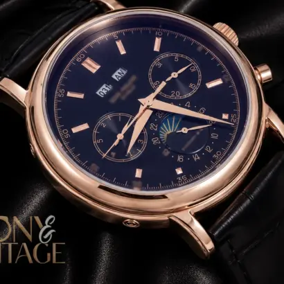 Moon Phase Rose Gold Watch with Black Dial and Leather Strap