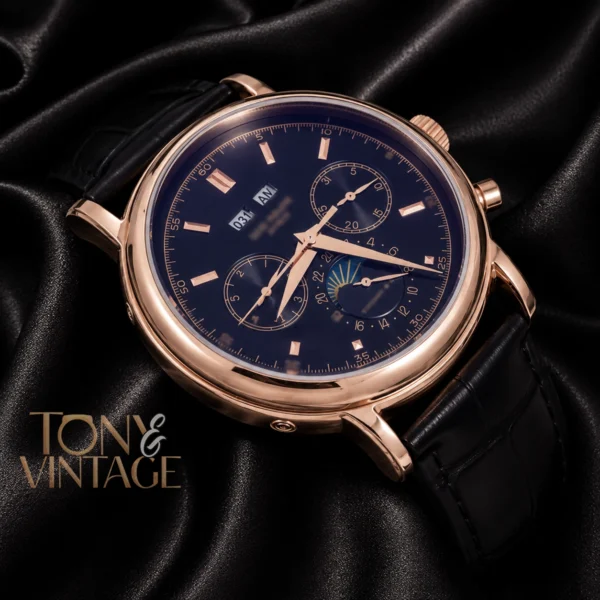 Moon Phase Rose Gold Watch with Black Dial and Leather Strap 2. copy
