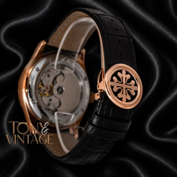 Moon Phase Rose Gold Watch with Black Dial and Leather Strap