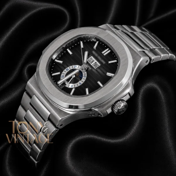 Moon Phase Silver Automatic Watch with Charcoal Gray Dial