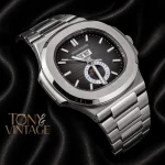 Moon Phase Silver Automatic Watch with Charcoal Gray Dial