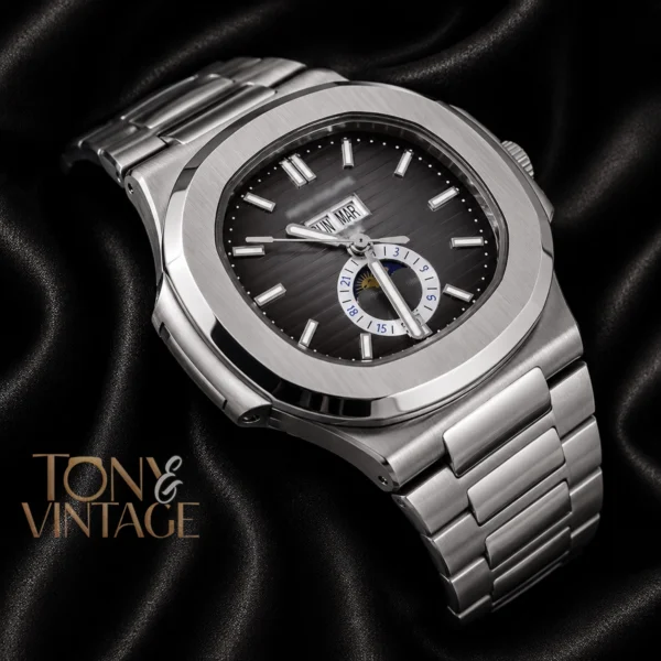 Moon Phase Silver Automatic Watch with Charcoal Gray Dial 2 copy
