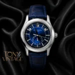 Moon Phase Silver Watch with Blue Dial and Leather Strap
