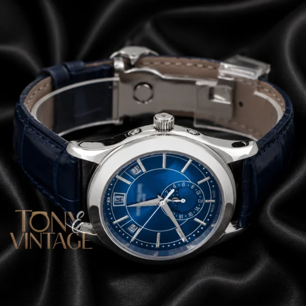 Moon Phase Silver Watch with Blue Dial and Leather Strap
