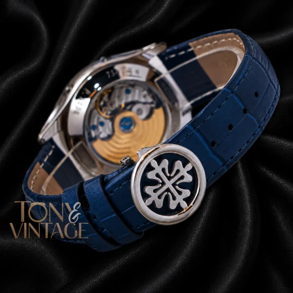 Moon Phase Silver Watch with Blue Dial and Leather Strap