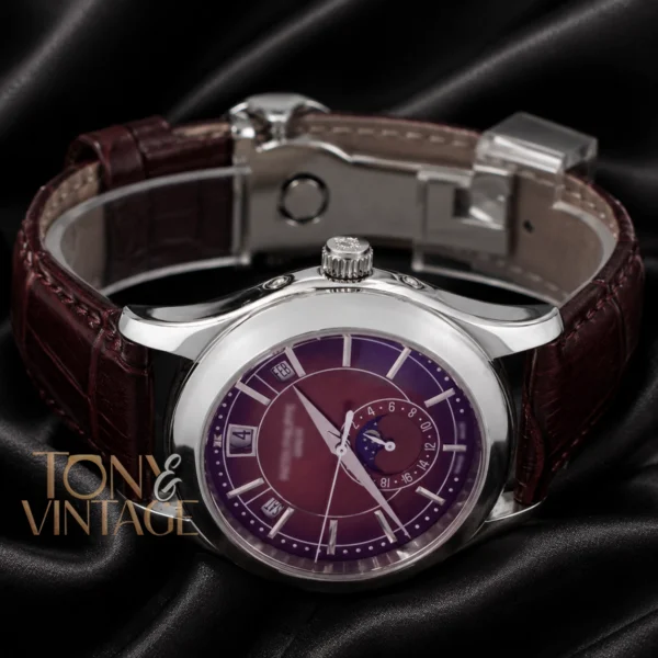 Moon Phase Silver Watch with Brown Dial and Leather Strap