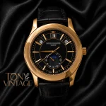 Moon Phase Yellow Gold Watch with Black Dial and Leather Strap