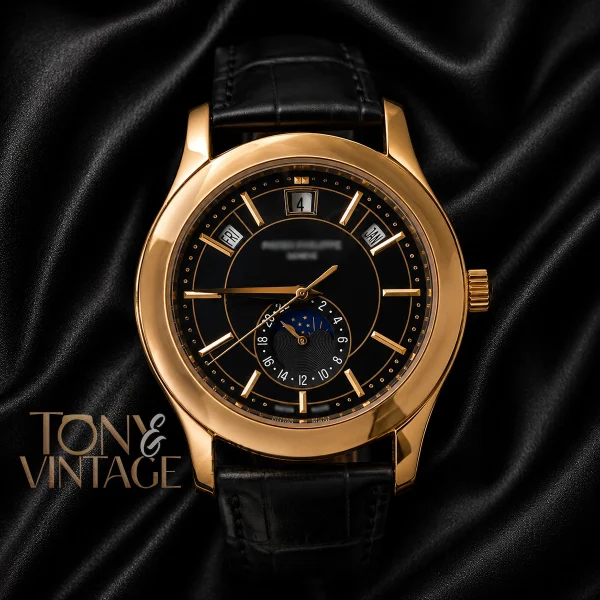 Moon Phase Yellow Gold Watch with Black Dial and Leather Strap 1 copy