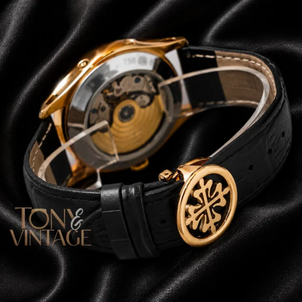 Moon Phase Yellow Gold Watch with Black Dial and Leather Strap