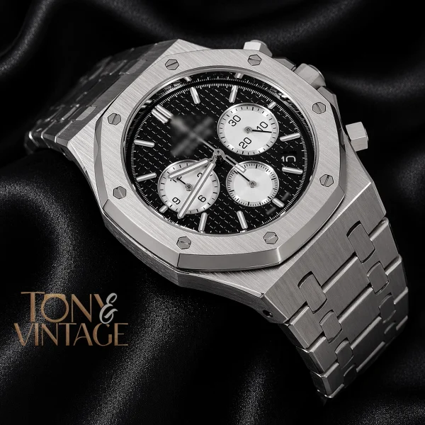 Oak Chronograph Silver Black Dial Chain Watch 2 copy