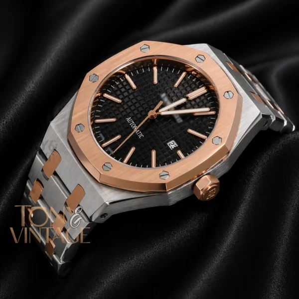 Oak Two Tone Rose Gold Silver Chain Black Dial